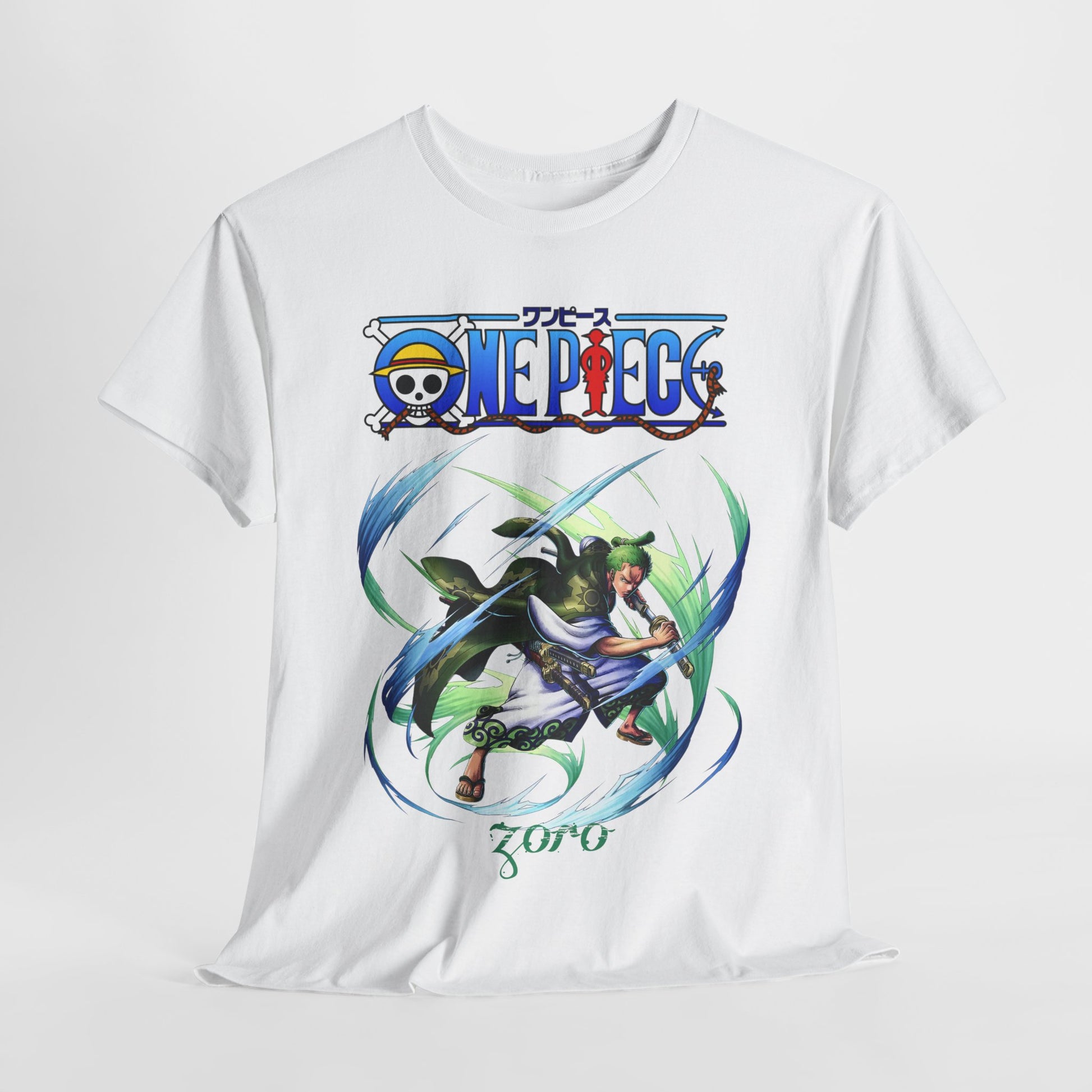 Luxury Epic men's t-shirt featuring a stunning Zoro design from One Piece, crafted with vibrant colours on a white fabric, perfect for anime enthusiasts.