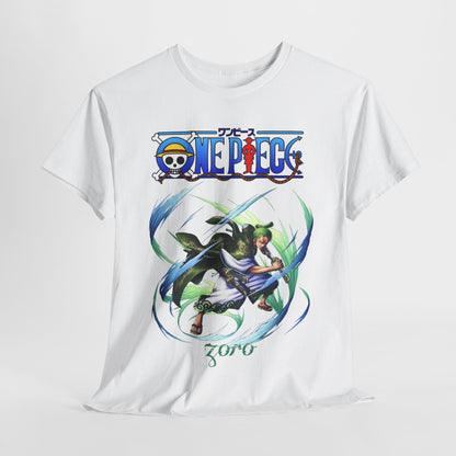 Luxury Epic men's t-shirt featuring a stunning Zoro design from One Piece, crafted with vibrant colours on a white fabric, perfect for anime enthusiasts.