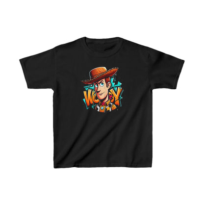 Unisex Children's Woody Toy Story Graphic Cotton Tee in classic black, featuring a vibrant Woody character design, perfect for imaginative play and stylish everyday wear.
