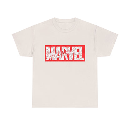 Elegant unisex 'MARVEL' graphic tee showcased in a light cream hue, adorned with striking red lettering and detailed superhero designs, a must-have for any discerning Marvel aficionado.