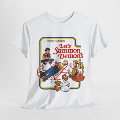 Activities For Children Funny Graphic Unisex T Shirt showcasing a whimsical design featuring children engaged in a playful summoning scene, vibrant colours and humorous text reading 'Let's Summon Demons'.