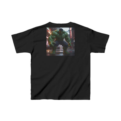 Kids Heavy-Duty Hulk Graphic Tee in black with vibrant Hulk design on the back, perfect for young superheroes.