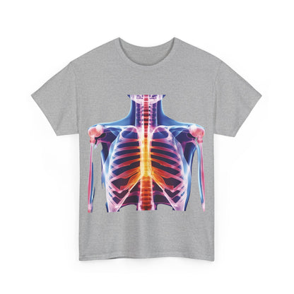 Front view of Xray Graphic T-Shirt, Urban Streetwear Top depicting a vibrant x-ray graphic in hues of blue and pink against a grey background.