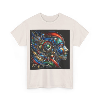 Stained Glass Dreams Unisex T-Shirt featuring a vibrant abstract graphic of a human face, intertwining intricate mechanical elements and bold geometric patterns, capturing the essence of luxury art-inspired fashion.