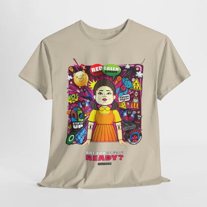 Luxurious cotton unisex graphic T-shirt featuring a vibrant design inspired by a popular series, showcasing iconic elements and the phrase 'Are you ready?' for a stylish statement.