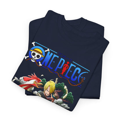 Folded men's t-shirt in navy, embellished with a vibrant Sanji print from One Piece, showcasing top-tier craftsmanship and a fashionable aesthetic, suitable for any casual ensemble.