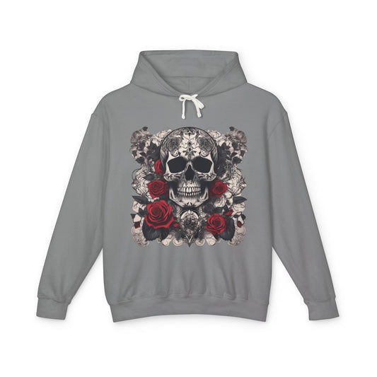 Front view of a Unisex Lightweight Hooded Sweatshirt showcasing a striking designer skull and roses graphic, styled against a clean white backdrop.