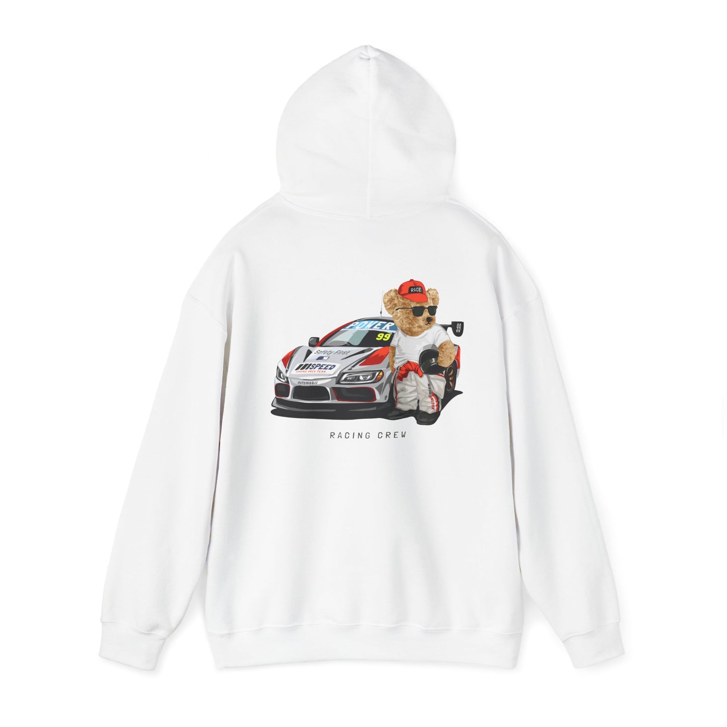 Artistic illustration on the back of a pure white hoodie, depicting a charming teddy bear in racing attire beside a stylish race car, perfect for fashion-forward speed enthusiasts.