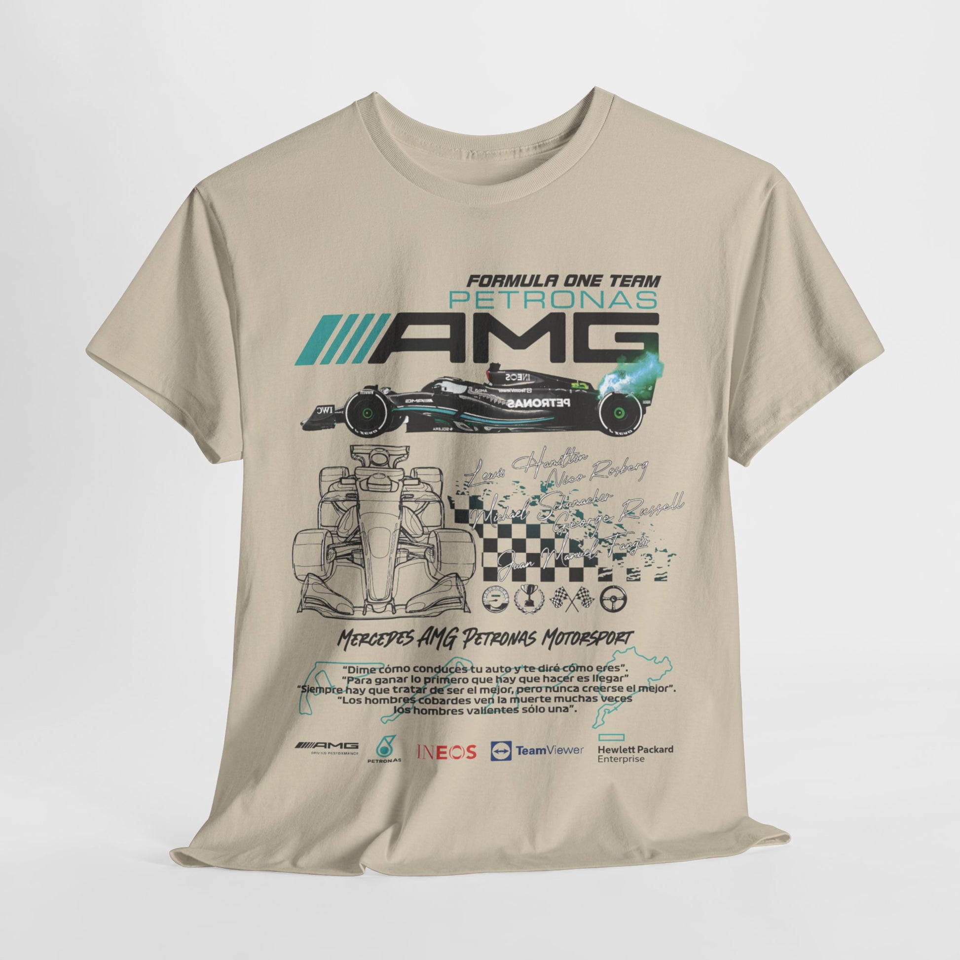 Sophisticated men's F1 Mercedes AMG Petronas T-shirt presented in elegant drapery, showcasing stunning graphic design and racing heritage, the epitome of luxury motorsport apparel.