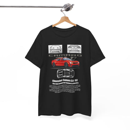 Luxury Chevrolet Camaro ZL1 1LE Men's T-Shirt displayed elegantly on a hanger, showcasing a bold design featuring the car and striking text, perfect for automotive enthusiasts.