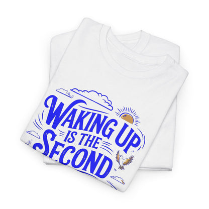 Elegant collection of Waking Up Funny Men's Graphic T-Shirts folded neatly, displaying the eye-catching phrase 'Waking Up is the Second Hardest Thing in the Morning', perfect for sophisticated everyday wear.