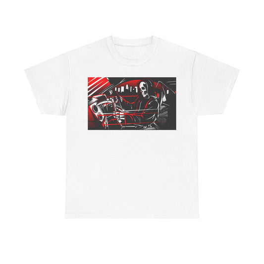 Luxury men's t-shirt featuring a captivating dark hooded scythe graphic, set against a visually striking red and black car interior backdrop, perfect for making a bold fashion statement.