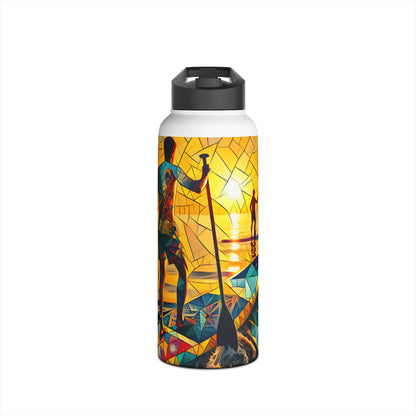 Stylish Fantasy Paddleboarding Stainless Steel Water Bottle featuring a beautifully illustrated mosaic design of a paddleboarder during sunset, a chic accessory for any adventure.