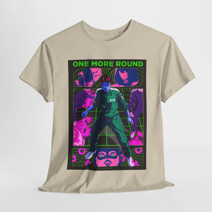 Luxury unisex cotton graphic t-shirt featuring an artistic design inspired by the popular series 'Squid Game', showcasing vibrant colours and a bold statement 'One More Round'. Ideal for fashion-forward individuals seeking to make a striking impression.