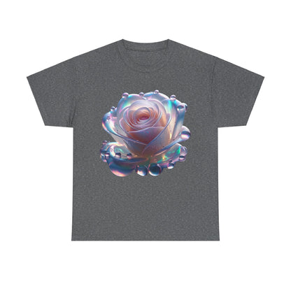 Ethereal Rose Tee Unisex Cotton Graphic T-Shirt in dark grey displaying a captivating artwork of a rose crafted with ethereal hues and shimmering accents.