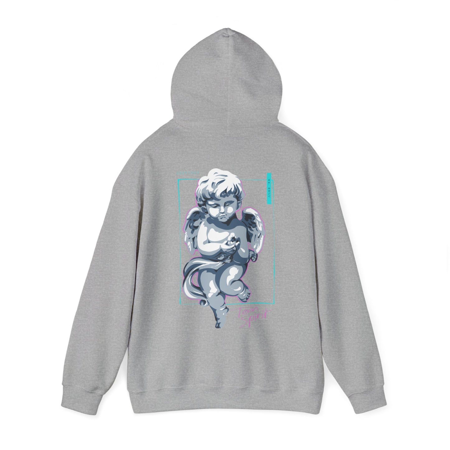 Stylish grey hoodie featuring a whimsical cherubic angel print on the back, perfect for a fashionable yet cozy look.