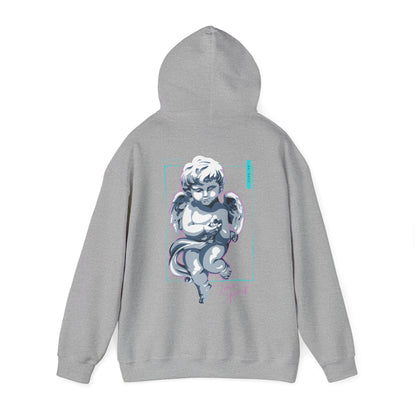 Stylish grey hoodie featuring a whimsical cherubic angel print on the back, perfect for a fashionable yet cozy look.