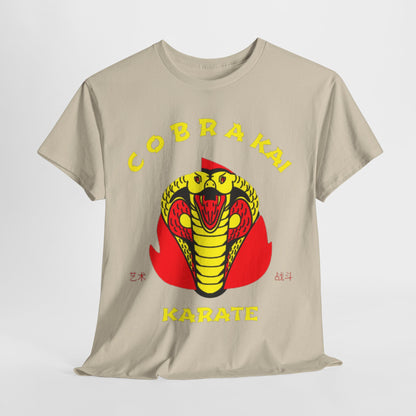 Elegant unisex Cobra Kai graphic T-shirt featuring a bold yellow snake emblem on a soft beige fabric, epitomising stylish martial arts humour and nostalgia.