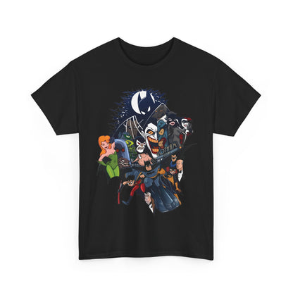 Gotham Vibes Batman DC Comics Graphic T-Shirt Urban Unisex Cotton Tee in black, beautifully displaying an ensemble of beloved characters including Batman and his adversaries, ideal for discerning comic enthusiasts.