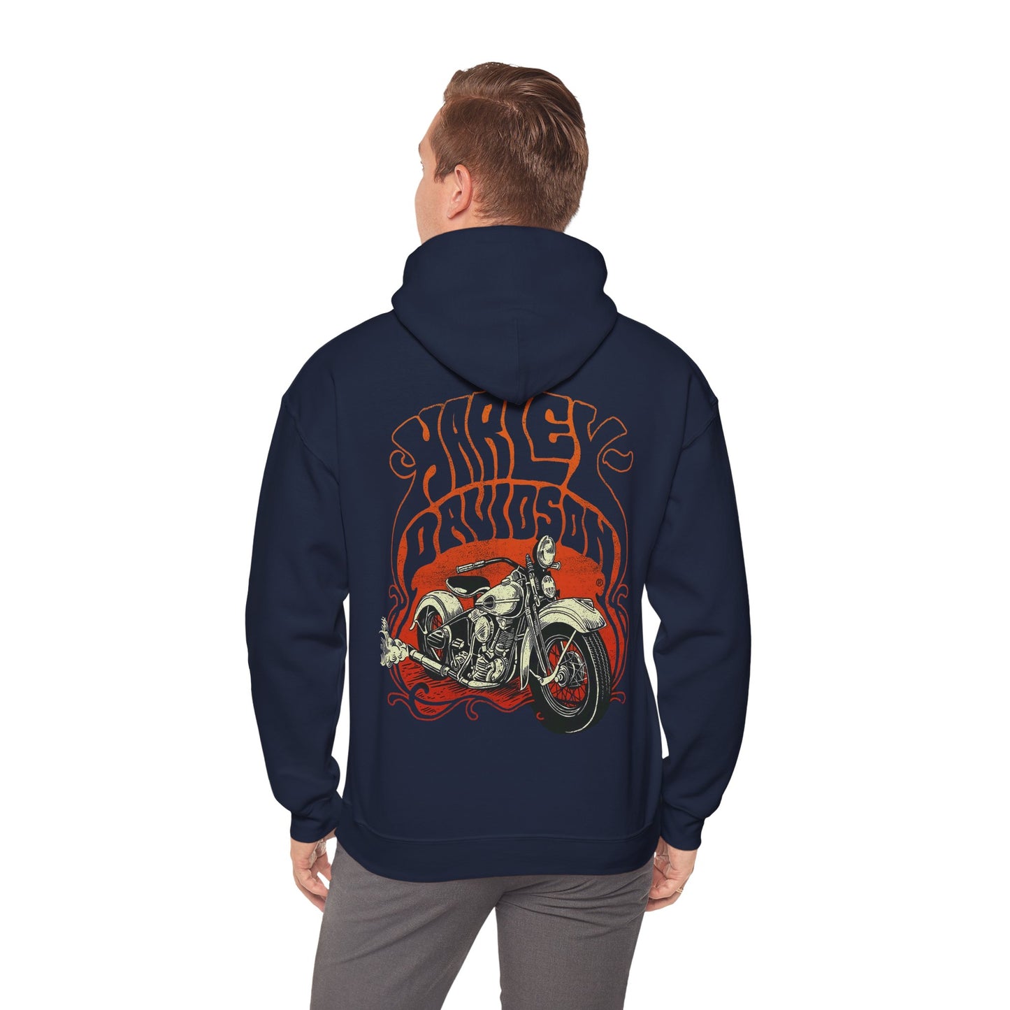 Back view of a luxurious navy Harley Davidson hoodie with bold graphic design featuring a vintage motorcycle, symbolising freedom and style.