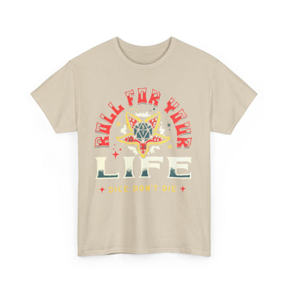 Chic cotton t-shirt that exudes nostalgia with its 'ROLL FOR YOUR LIFE' graphic and fantasy-themed illustration, combining style and comfort for the modern adventurer.