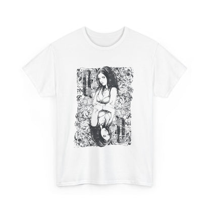Chic white men's t-shirt highlighting a captivating black and white graphic of a queen, set against an ornate background, reflecting a unique blend of artistry and fashion.