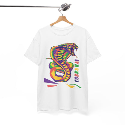 Elegant hanging Cobra Kai graphic t-shirt capturing a bold snake design, embodying a perfect blend of art and martial arts ethos.