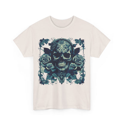 Skulls and Roses Cotton Tee, Unisex Graphic Shirt featuring a detailed steampunk design of a skull surrounded by roses, ideal for alternative fashion.