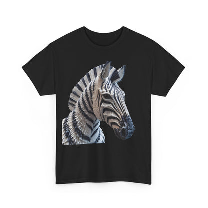 Zebra Elegance Unisex Graphic T-Shirt in black, prominently displaying a stunning paper art zebra design that combines artistry with fashion.