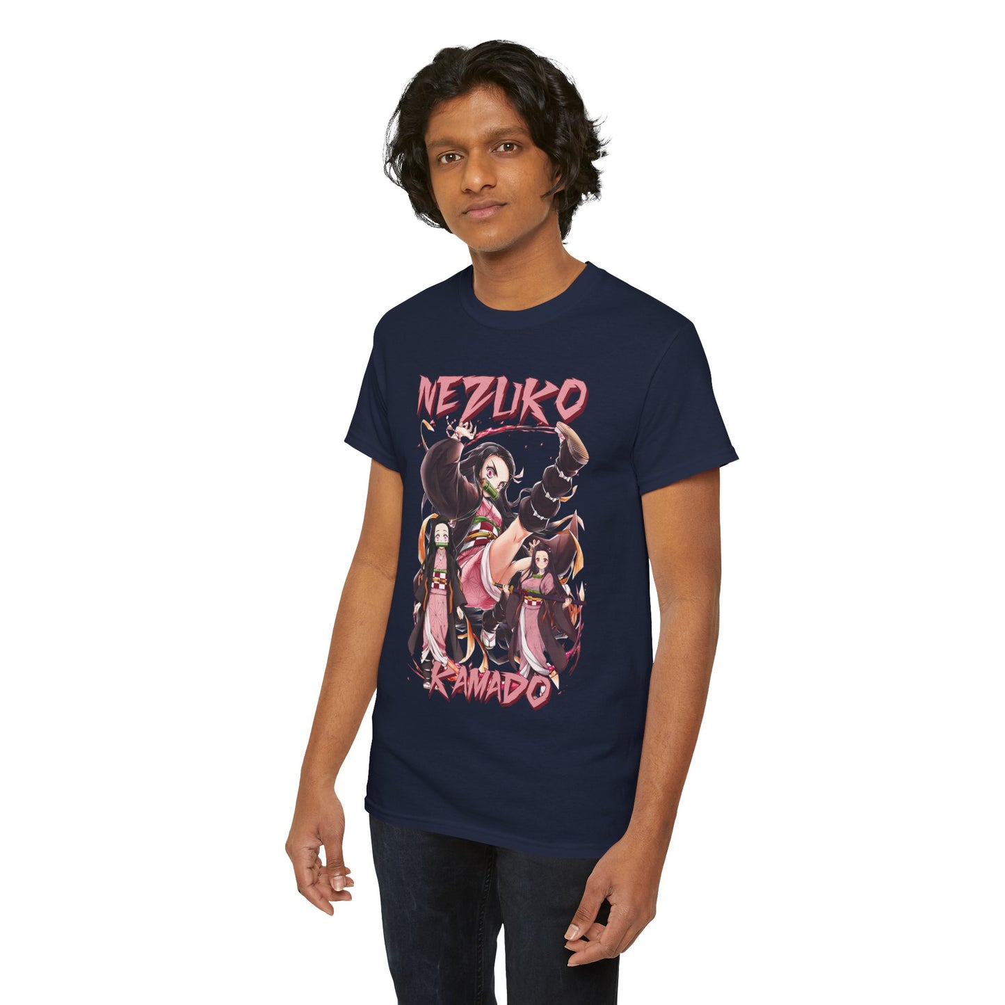 Another model wearing the Nezuko Kamado T-Shirt, showcasing its comfortable fit and stunning design, ideal for both casual wear and anime conventions.