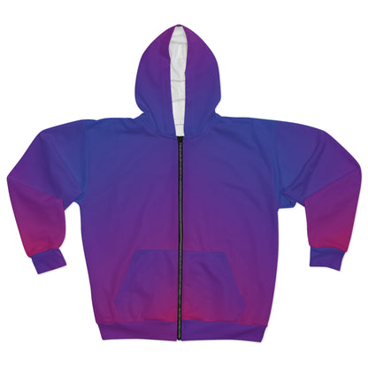 Unisex Zip Up Hoodie Hooded Sweatshirt in a stylish gradient of blue and purple, featuring a zippered front and spacious front pocket for elegance and comfort.