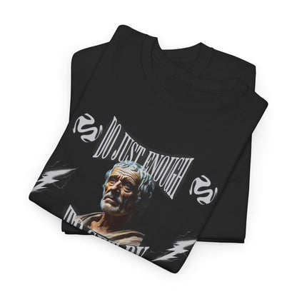 Elegant black t-shirt stacked neatly, adorned with a witty design stating 'Do Just Enough To Get By' alongside a vintage portrait, suitable for modern casual wear.