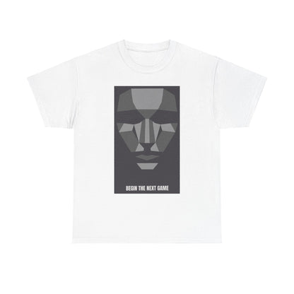 Elegantly presented white t-shirt showcasing a sophisticated geometric face illustration and the phrase 'BEGIN THE NEXT GAME', perfect for trendy casual wear.