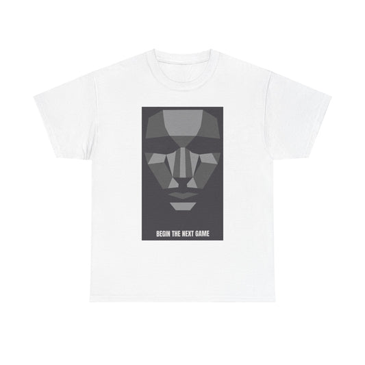 Elegantly presented white t-shirt showcasing a sophisticated geometric face illustration and the phrase 'BEGIN THE NEXT GAME', perfect for trendy casual wear.