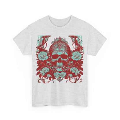 Front view of Skulls and Roses Cotton Tee, Unisex Graphic Shirt, featuring an intricate steampunk skull design surrounded by vibrant roses.