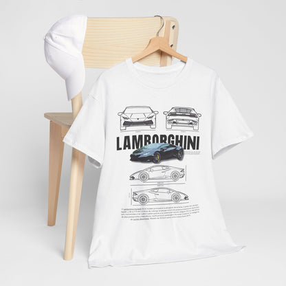 Stylish unisex T-shirt featuring Lamborghini Huracán technical drawing, displayed alongside a cap, for an elegant automotive fashion statement.