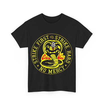 Cobra Kai Graffiti Graphic Unisex T-Shirt in black, prominently featuring a classic logo with 'Strike First, Strike Hard, No Mercy', an elegant addition to any streetwear collection.
