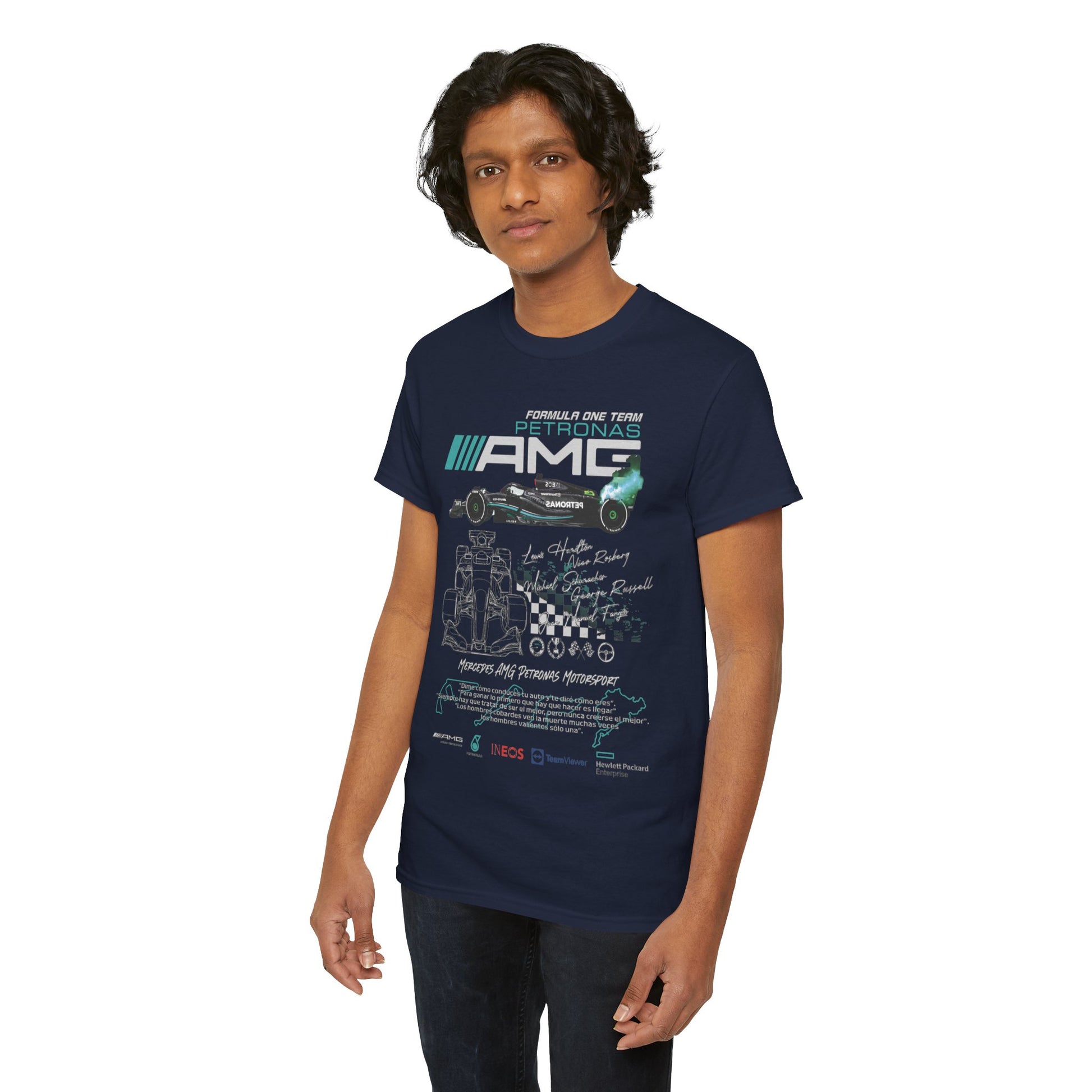 Another model showcasing the men's F1 Mercedes AMG Petronas t-shirt with sophisticated design, emphasizing the spirit of motorsport in a stylish presentation.