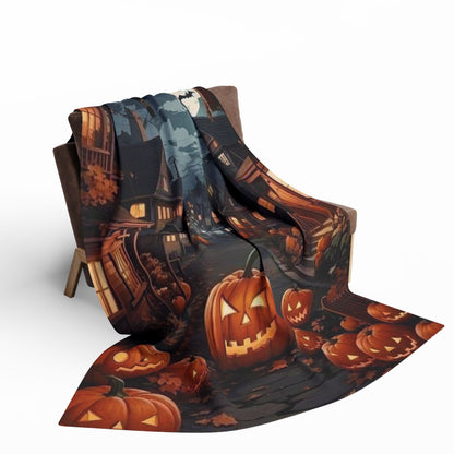Stunning Decorative and Warm Halloween Spooky Arctic Fleece Blanket draped over a stylish chair, featuring vibrant pumpkins and a haunted house, ideal for seasonal comfort.