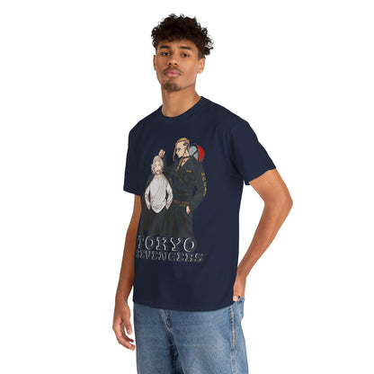 Stylishly modelled Tokyo Revengers t-shirt worn by a young man, showcasing a trendy anime-inspired look for the discerning fashionista.