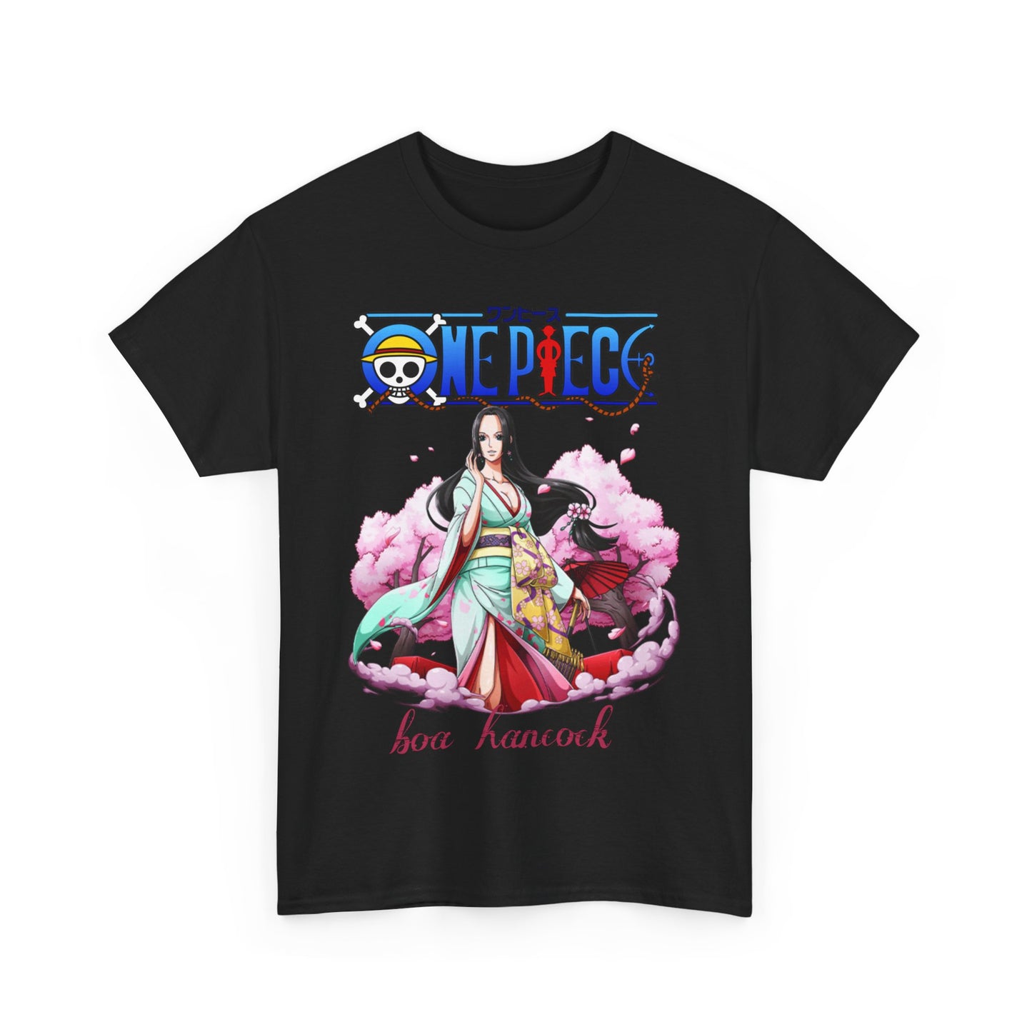 Elegant graphic tee showcasing Boa Hancock from One Piece, intricately designed with vibrant colours and floral motifs, ideal for a fashionable anime-inspired wardrobe.