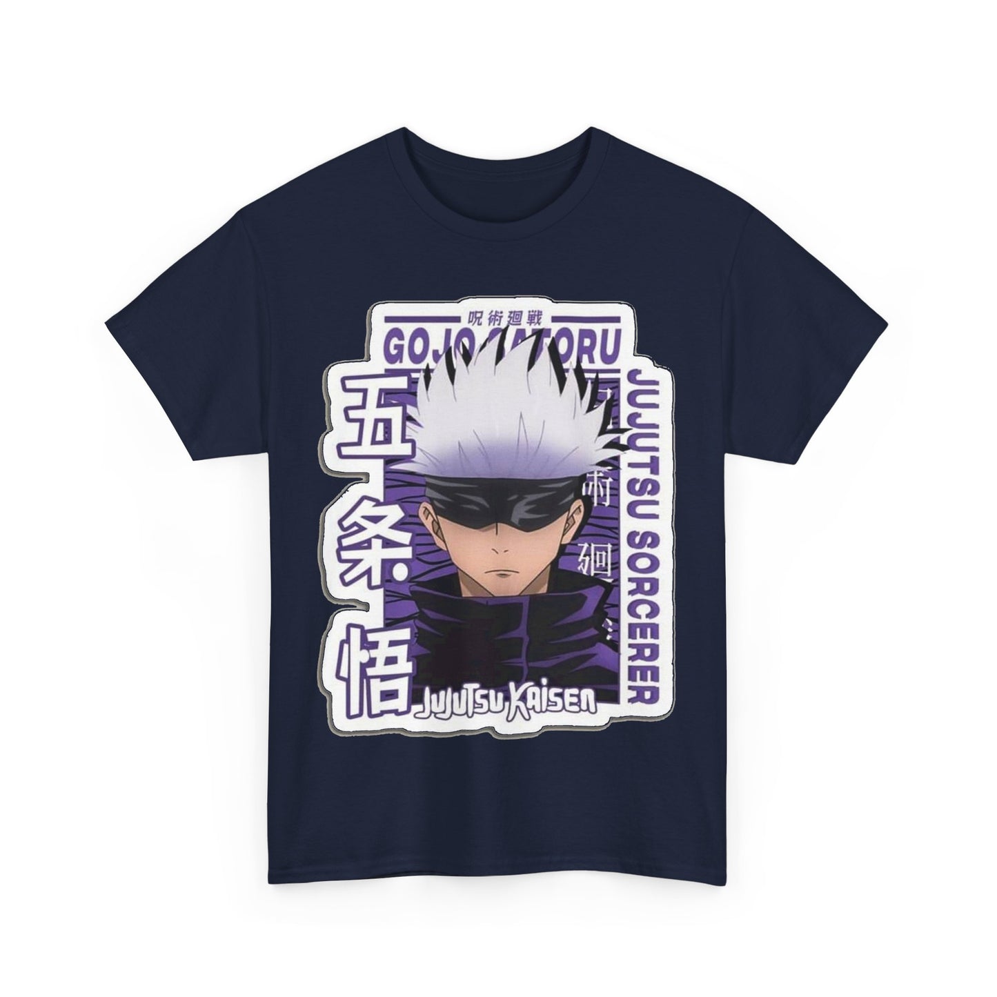 Classic navy Gojo Satoru T-shirt adorned with artistic prints from Jujutsu Kaisen, a luxurious piece for devoted anime followers.
