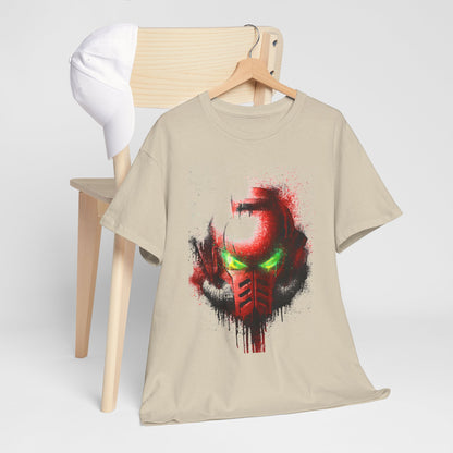 Stylish beige graphic t-shirt elegantly draped on a wooden chair, exhibiting a bold red and green helmet artwork with splatter accents.