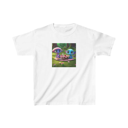 Kids Heavy Cotton Tee featuring cute alien designs, showcased in a pristine white colour, ideal for playful and imaginative outings.