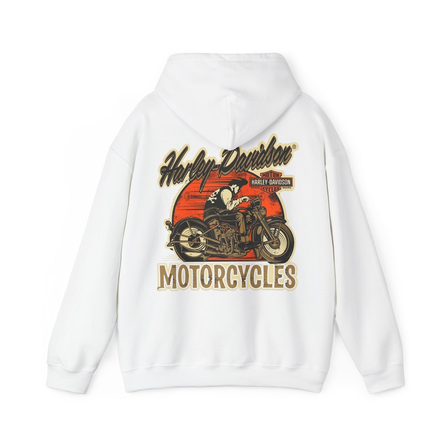 Elegant Vintage Harley-Davidson hoodie featuring a striking back print of a classic motorcycle against a vibrant orange sunset backdrop, showcasing the adventurous spirit of motorcycle enthusiasts.