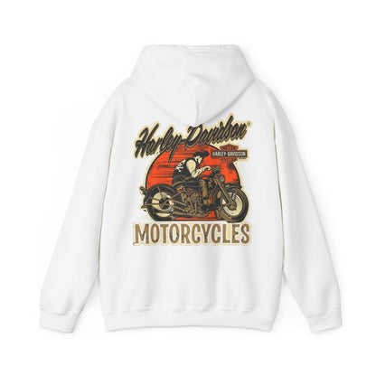 Elegant Vintage Harley-Davidson hoodie featuring a striking back print of a classic motorcycle against a vibrant orange sunset backdrop, showcasing the adventurous spirit of motorcycle enthusiasts.