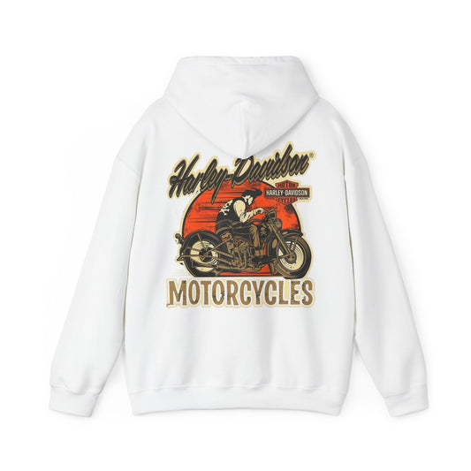 Elegant Vintage Harley-Davidson hoodie featuring a striking back print of a classic motorcycle against a vibrant orange sunset backdrop, showcasing the adventurous spirit of motorcycle enthusiasts.