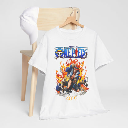 Stylish Epic Ace men's T-shirt featuring vibrant artwork of a flaming pirate scene, displayed on a minimalistic wooden chair with a cap, perfect for anime enthusiasts.