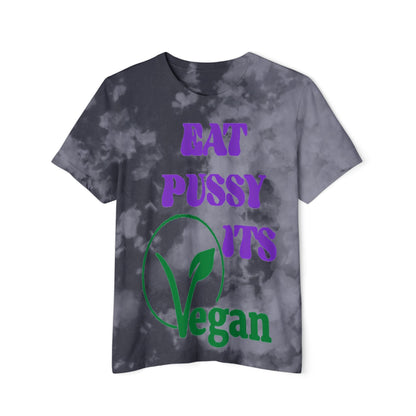 Costumised tie-dye cropped t-shirt with vivid purple and green text saying 'EAT PUSSY ITS Vegan', elegantly displayed.