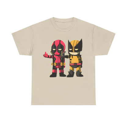 Deadpool and Wolverine Humorous Graphic Unisex Tee Shirt in beige showcasing delightful chibi designs of these beloved characters.